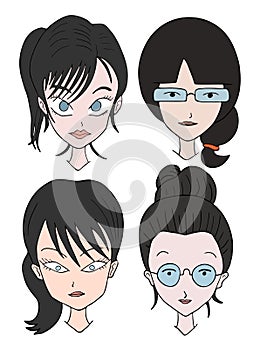 Four black hair women faces