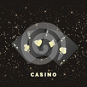 Four black poker cards with gold label. Quads or four of a kind by ace. Casino banner or poster in royal style. Vector photo