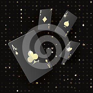 Four black poker cards with gold suit. Quads or four of a kind by ace. Casino banner or poster in royal style. Vector photo