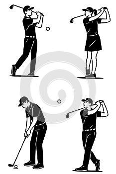 4 illustrations of people playing golf, black, transparent background