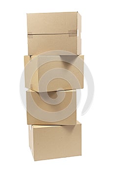 Four Blank Cardboard Boxes In A Stack Isolated On White