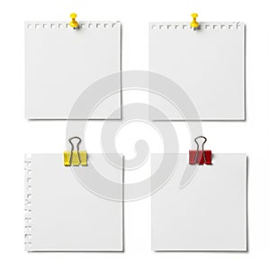 Four blank notes with clips isolated on white background