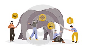 Quattro bendato maschio un una donna caratteri toccante un elefante su bianco 