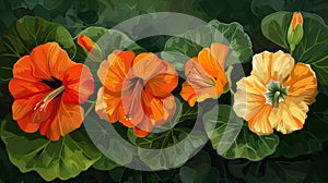 Four blooming flowers with buds resembling nasturtiums