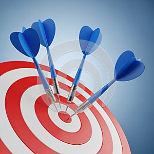 Four blue darts embedded in a red and white bullseye target dartboard game