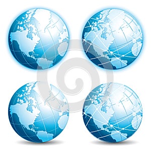 Four blue globes. World icons set. Eaarth and connectivity.