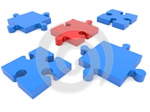 Four blue puzzle pieces around a red puzzle piece