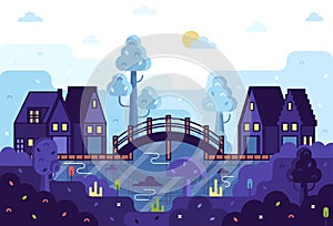 Four boat garage next to the river and bridge - vector cartoon illustration in flat stile