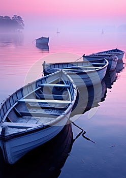 four boats sitting on the water in the fog