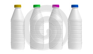 Four bottle of milk with a caps colored isolated-