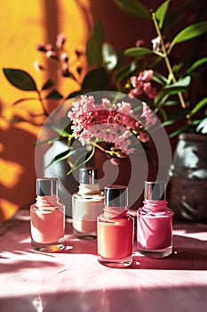 Four bottles of colorful nail polish in pink and peach shades with flowers on bright sunlit background