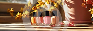 Four bottles of colorful nail polish in pink and peach shades with flowers on bright sunlit background. Professional manicure