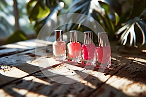 Four bottles of colorful nail polish in shades of pink and peach color with tropical leaves on sunlit wooden background.