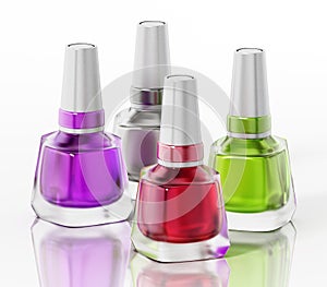 Four bottles of nail polish isolated on white background. 3D illustration