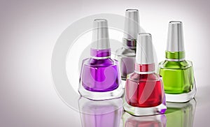 Four bottles of nail polish isolated on white background. 3D illustration