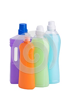 Four bottles of washing liquid isolated on white photo