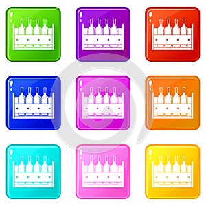 Four bottles of wine in a wooden box icons 9 set