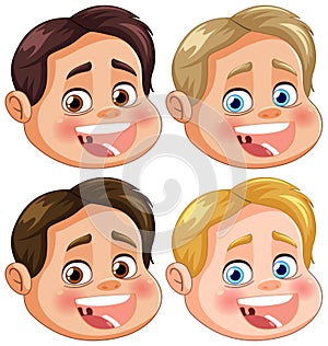 Four boy faces showing happiness different color hair