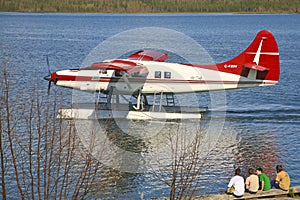 Four Boys Watching Taxying Seaplane, Yellowknife.