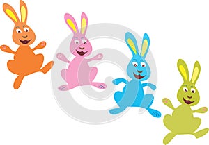 Four brightly colored Easter bunnies