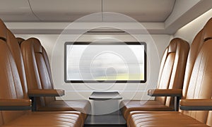 Four brown armchairs in train compartment