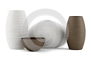 Four brown and white ceramic vases isolated on white