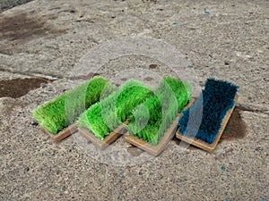 four brushes on concrete floor