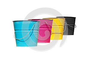 Four buckets of different colors