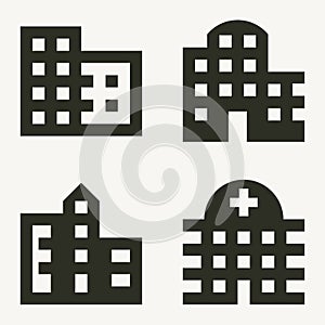 Four buildings minimal icons: offices, apartments, city, hospital