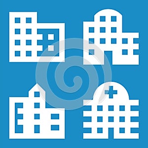 Four buildings minimal icons: offices, apartments, city, hospital