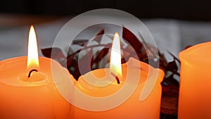 Four burning candles on Christmas wreath shining bright with romantic mood at Holy eve and Christmas holidays infront of a festive