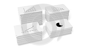 Four business paper documents stacks