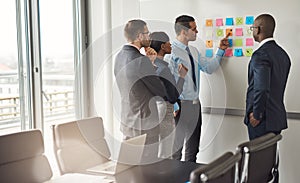 Four business people planning with sticky notes