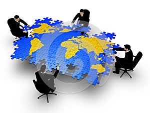 Four businessmans bilding globe business photo