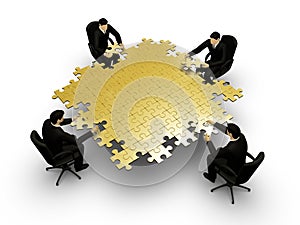 Four businessmans bilding puzzle photo
