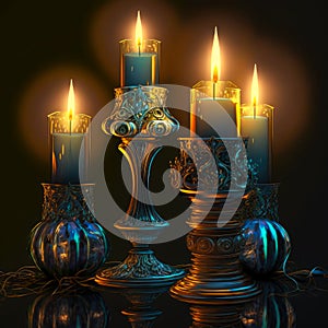 Four candleholders with lit candles in them on a dark background. Created with Generative AI
