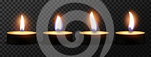 Four candles burning in the dark. Light blur effect. High detailed realistic illustration