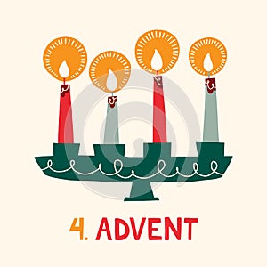 Four Candles in Candle Holder Retro Scandinavian Flat Illustration. Christmas Advent Vector Graphic Print