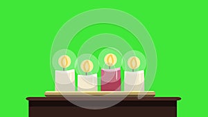 Four candles with flames motion on a dresser. Christmas loop animation