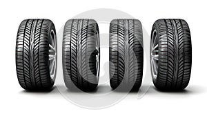 Four car tires isolated on white created with Generative AI. Wheels in black with grooves.