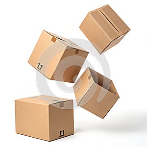 Four cardboard boxes falling against a black background