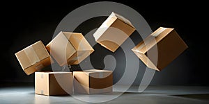 Four cardboard boxes falling against a black background