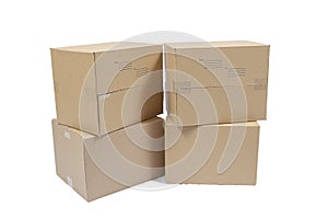 Four Cardboard Boxes Packed For Shipping Isolated On White