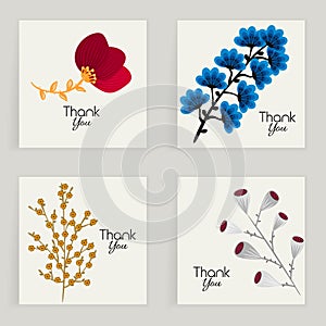 Four cards. Hand drawn creative flower. Colorful artistic background with blossom. Abstract herb