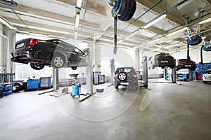 Four cars on lifts and on floor in small service station.