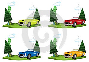 Four cars parked under green trees