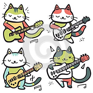 Four cartoon cats playing electric guitars, colorful feline characters. Cartoon cats perform band
