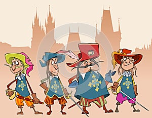 Four cartoon funny characters soldiers Musketeers