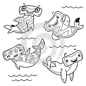 Four cartoon hammerhead sharks in contour. Coloring page