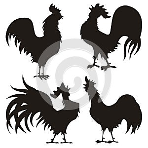 Four Cartoon Rooster Silhouettes